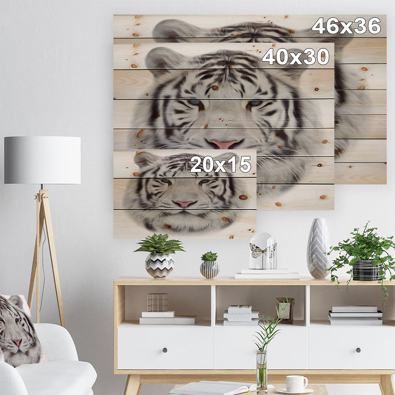 White Bengal Tiger - Animal Art Print on Natural Pine Wood