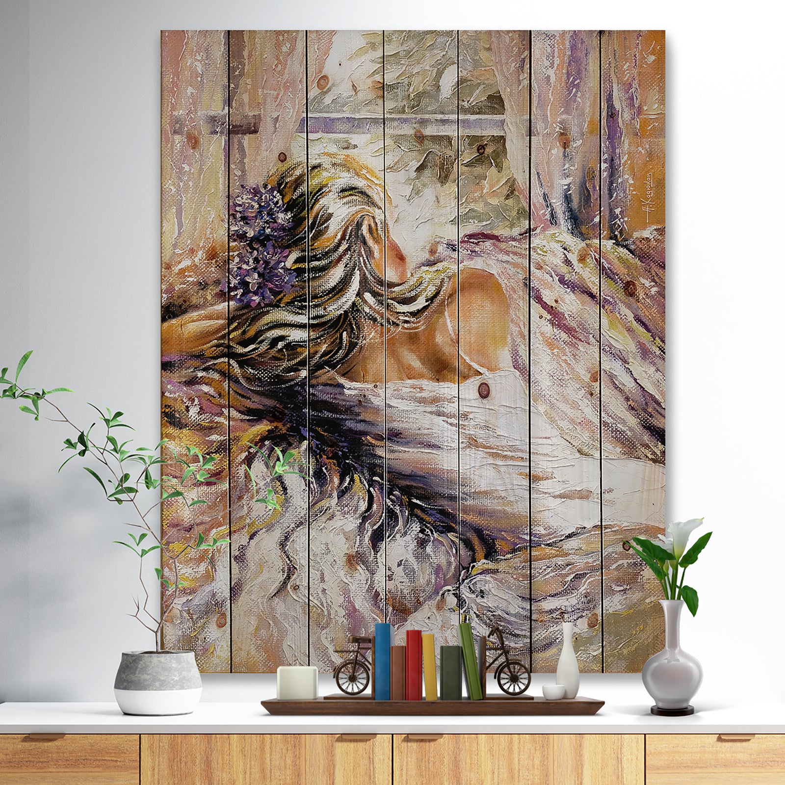 The River over the Girl - Abstract Print on Natural Pine Wood