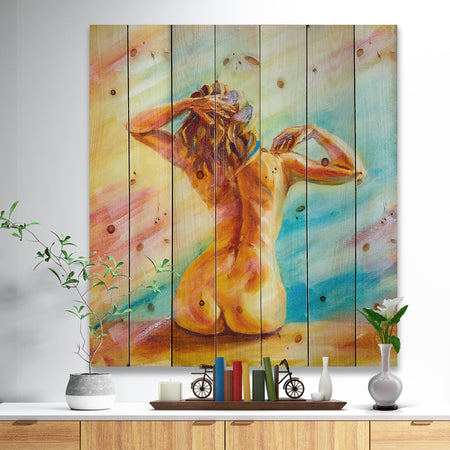 Sensual Woman Sitting - Sensual Print on Natural Pine Wood