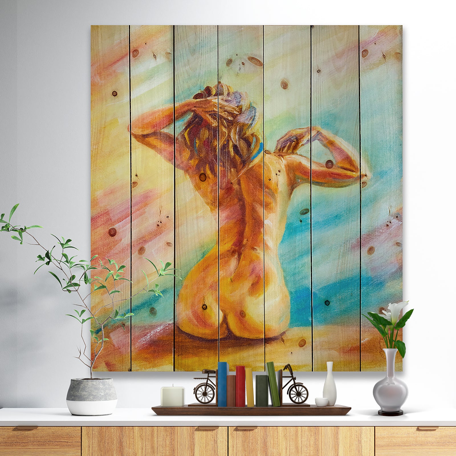 Sensual Woman Sitting - Sensual Print on Natural Pine Wood