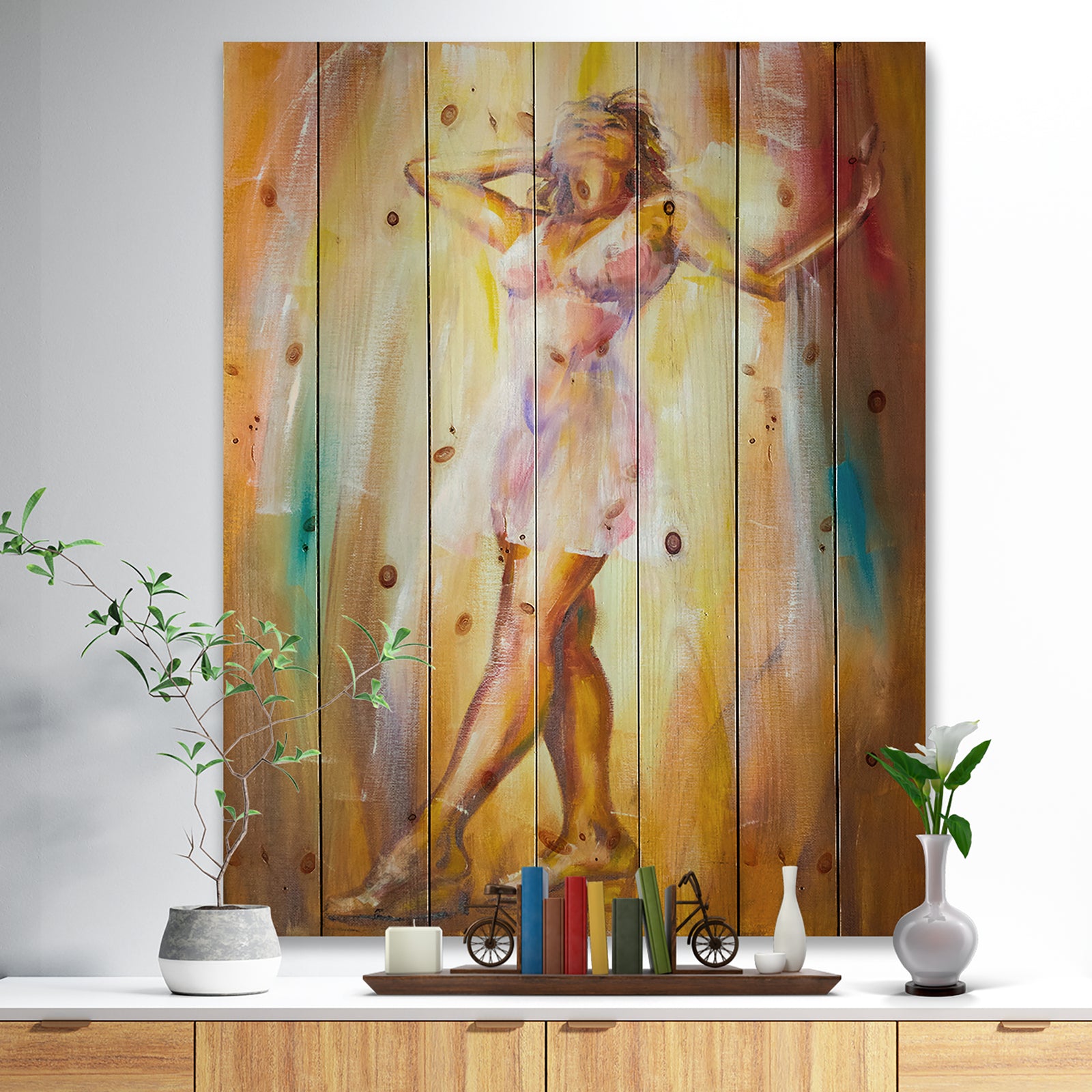 Beautiful Woman in Dress - Portrait Print on Natural Pine Wood