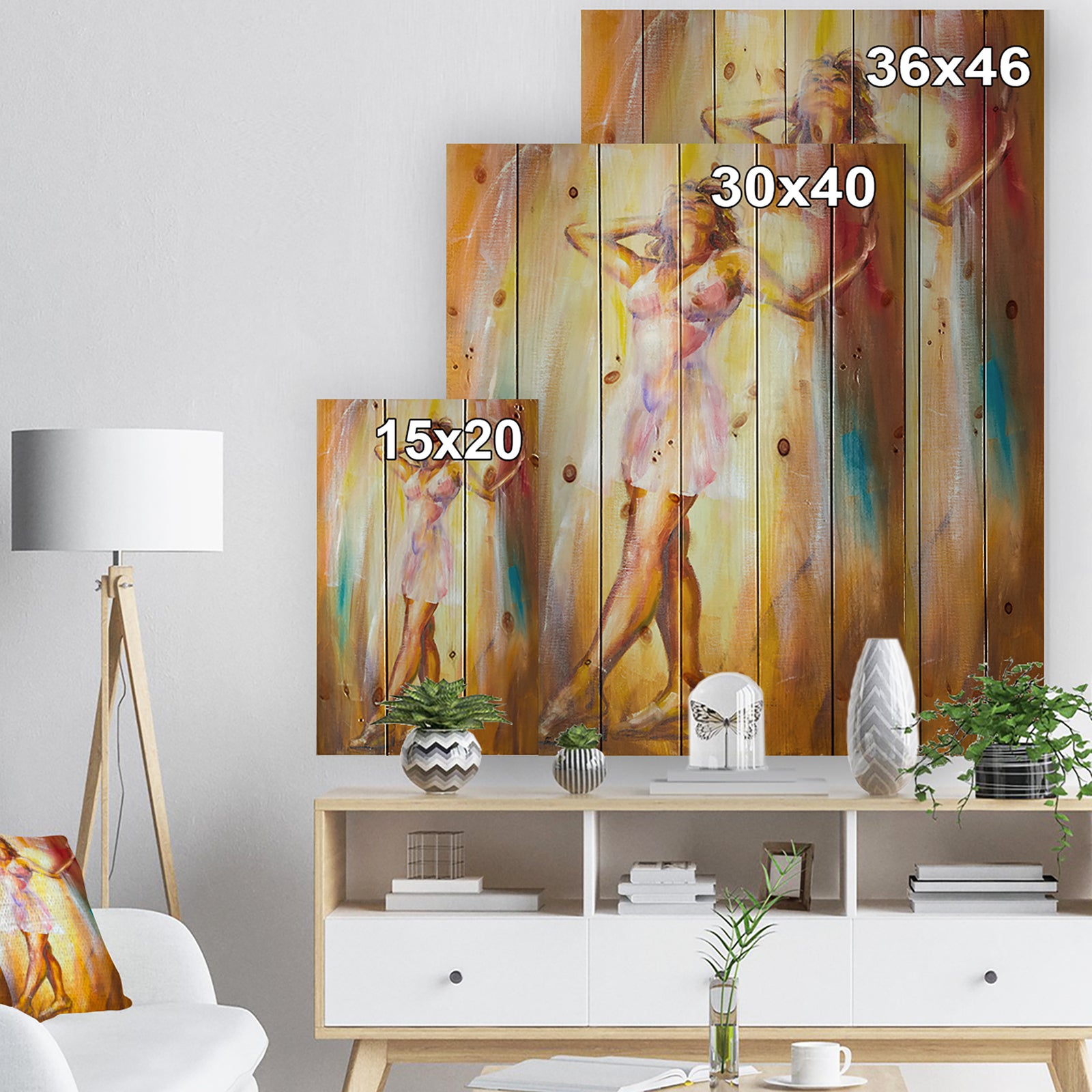 Beautiful Woman in Dress - Portrait Print on Natural Pine Wood