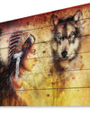 Woman with Wolf - Portrait Print on Natural Pine Wood