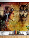 Woman with Wolf - Portrait Print on Natural Pine Wood