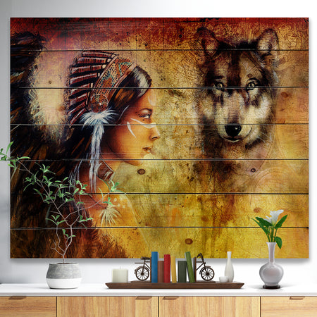 Woman with Wolf - Portrait Print on Natural Pine Wood