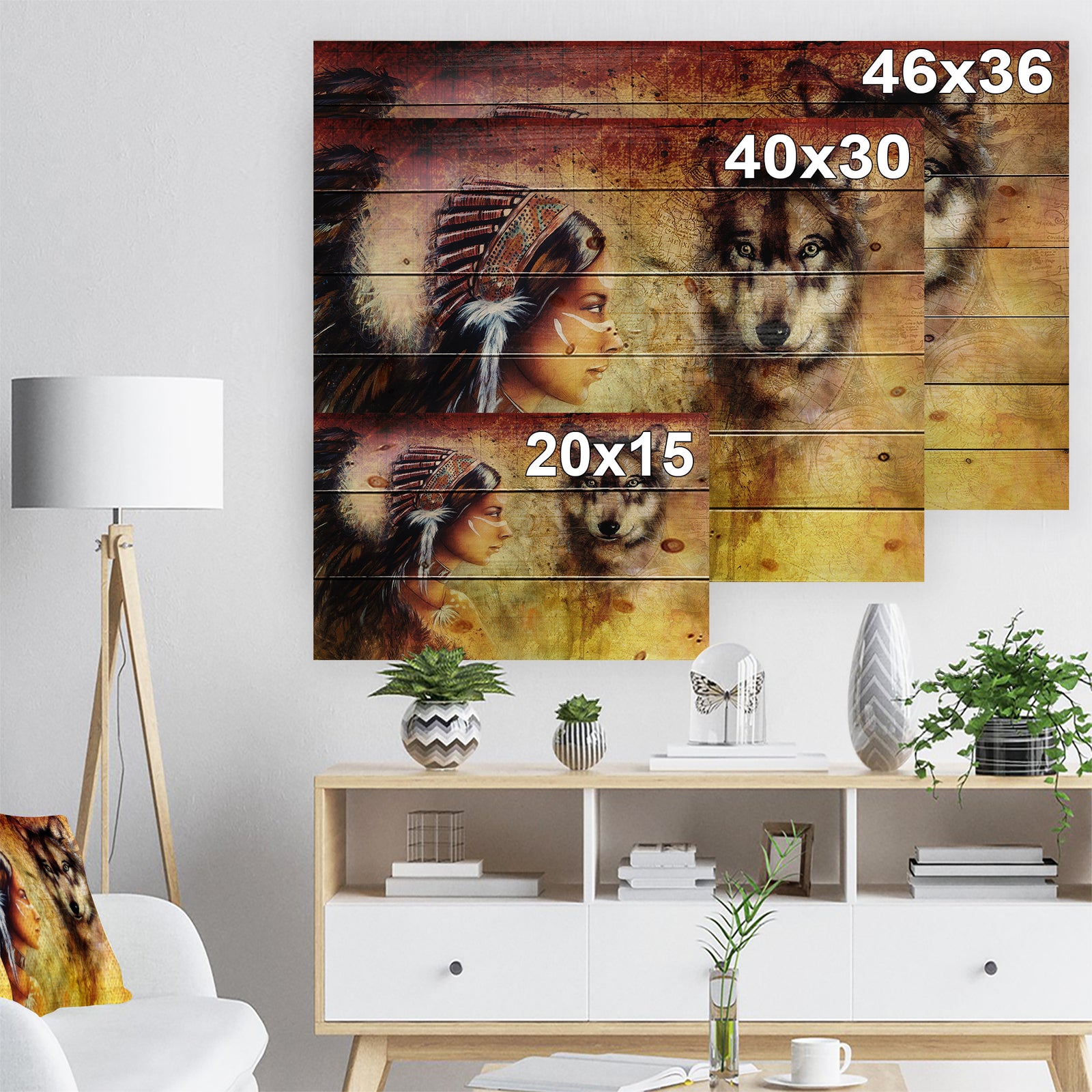 Woman with Wolf - Portrait Print on Natural Pine Wood