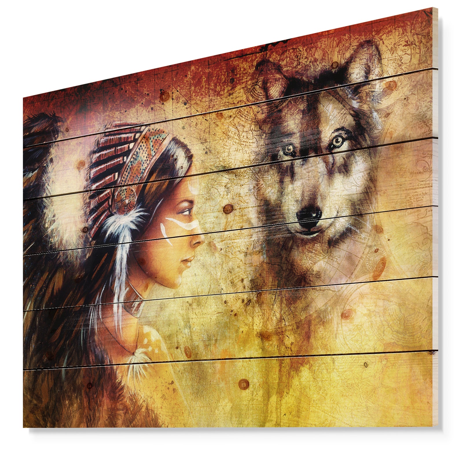 Woman with Wolf - Portrait Print on Natural Pine Wood