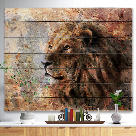 Peaceful Lion - Animal Art Print on Natural Pine Wood