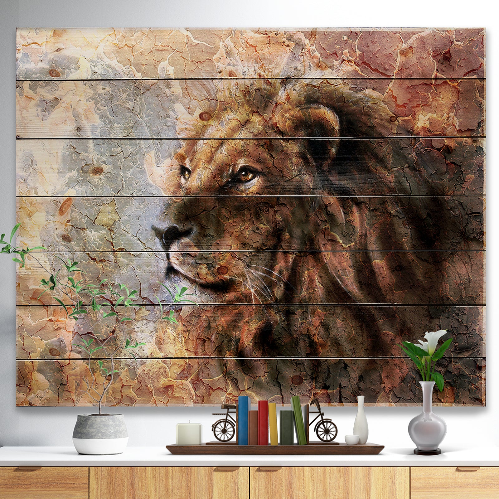 Peaceful Lion - Animal Art Print on Natural Pine Wood