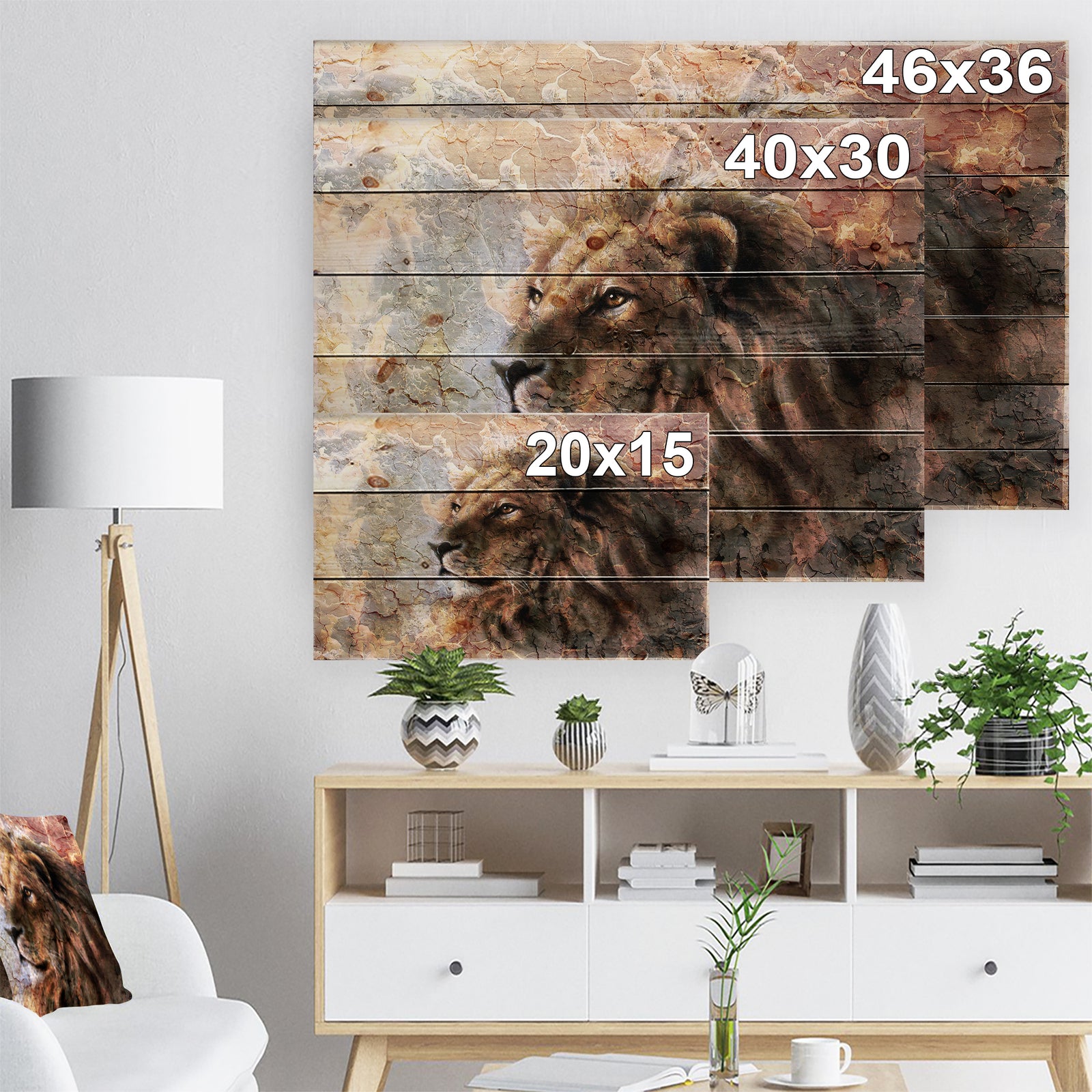 Peaceful Lion - Animal Art Print on Natural Pine Wood