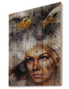 Woman with Flying Eagles - Portrait Print on Natural Pine Wood