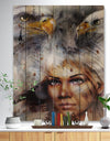 Woman with Flying Eagles - Portrait Print on Natural Pine Wood