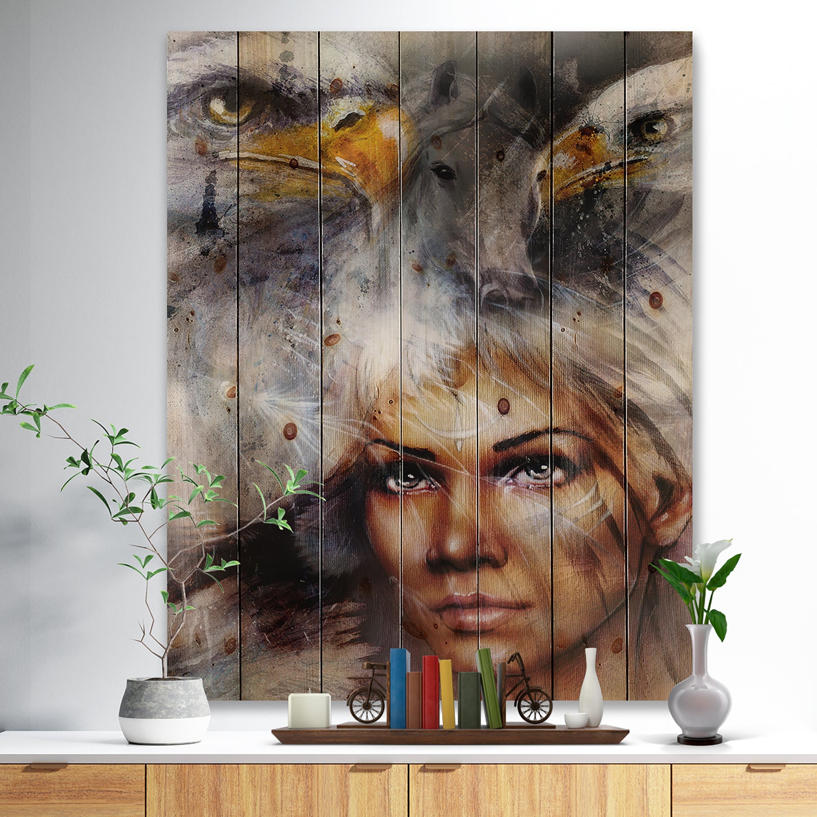 Woman with Flying Eagles - Portrait Print on Natural Pine Wood