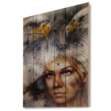 Woman with Flying Eagles - Portrait Print on Natural Pine Wood