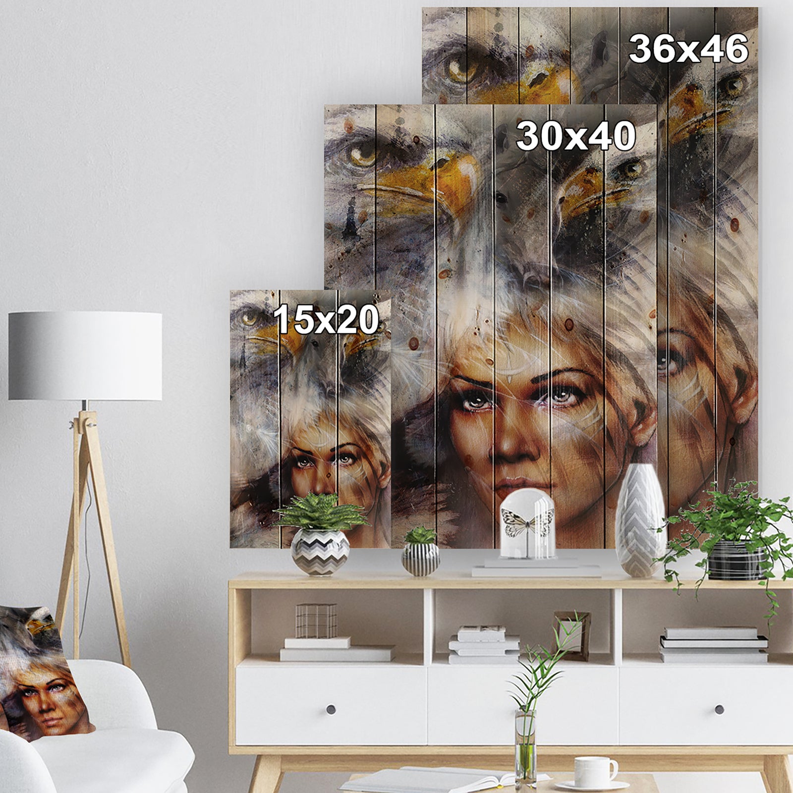Woman with Flying Eagles - Portrait Print on Natural Pine Wood