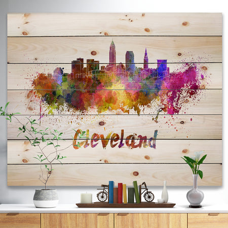 Cleveland Skyline - Cityscape Print on Natural Pine Wood