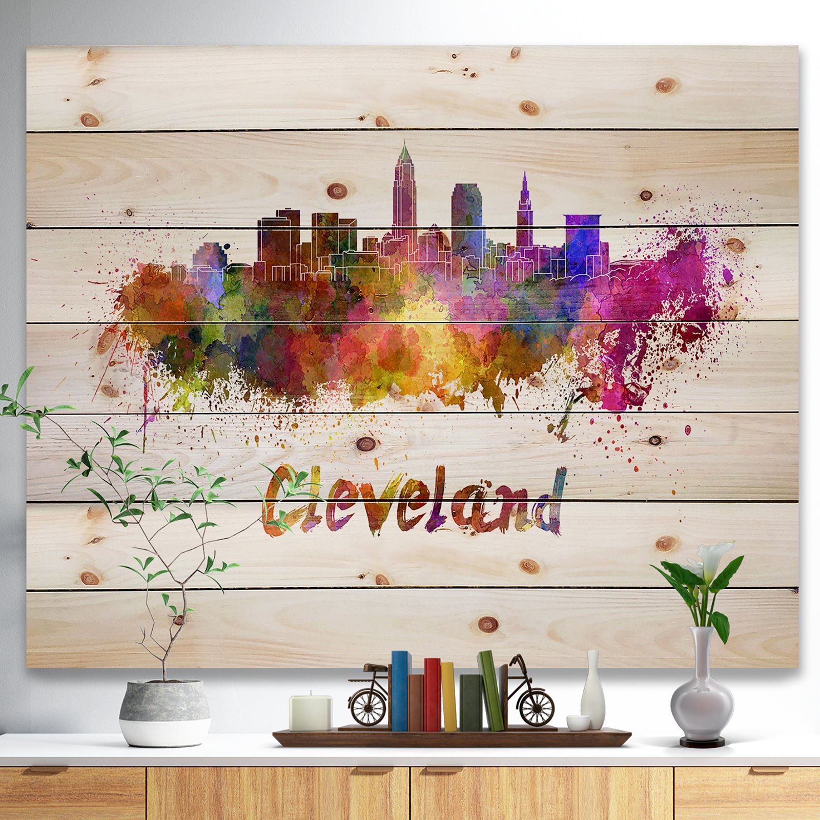 Cleveland Skyline - Cityscape Print on Natural Pine Wood