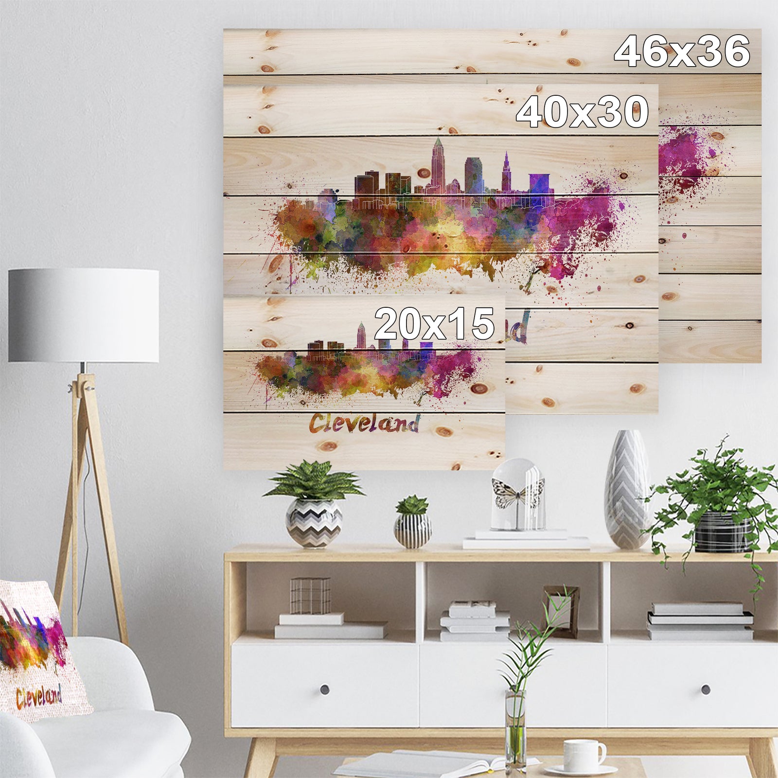 Cleveland Skyline - Cityscape Print on Natural Pine Wood