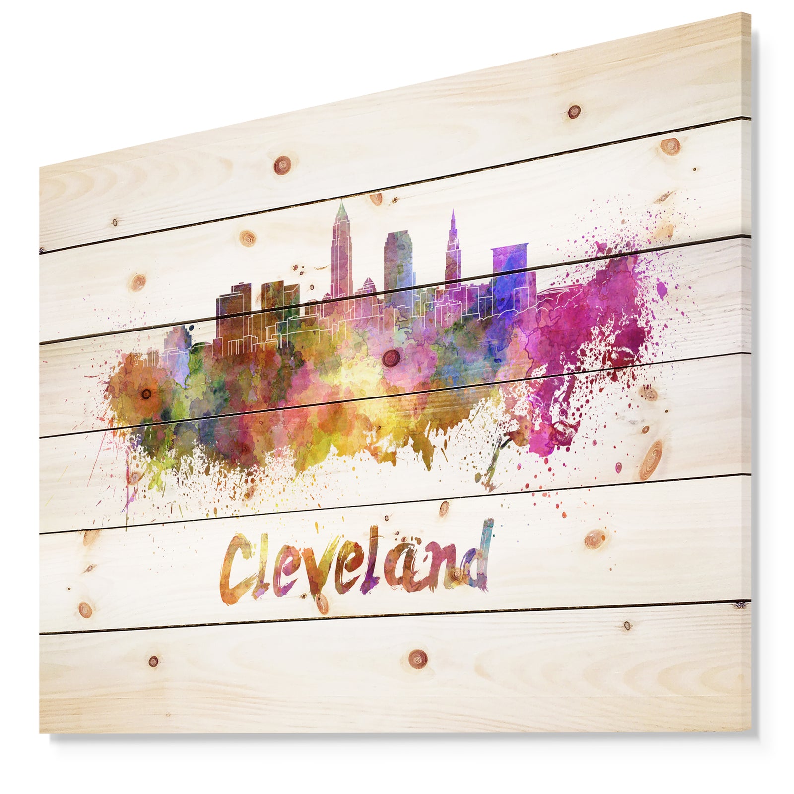 Cleveland Skyline - Cityscape Print on Natural Pine Wood