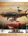 Dirigible Balloon in Sky over City - Abstract Print on Natural Pine Wood