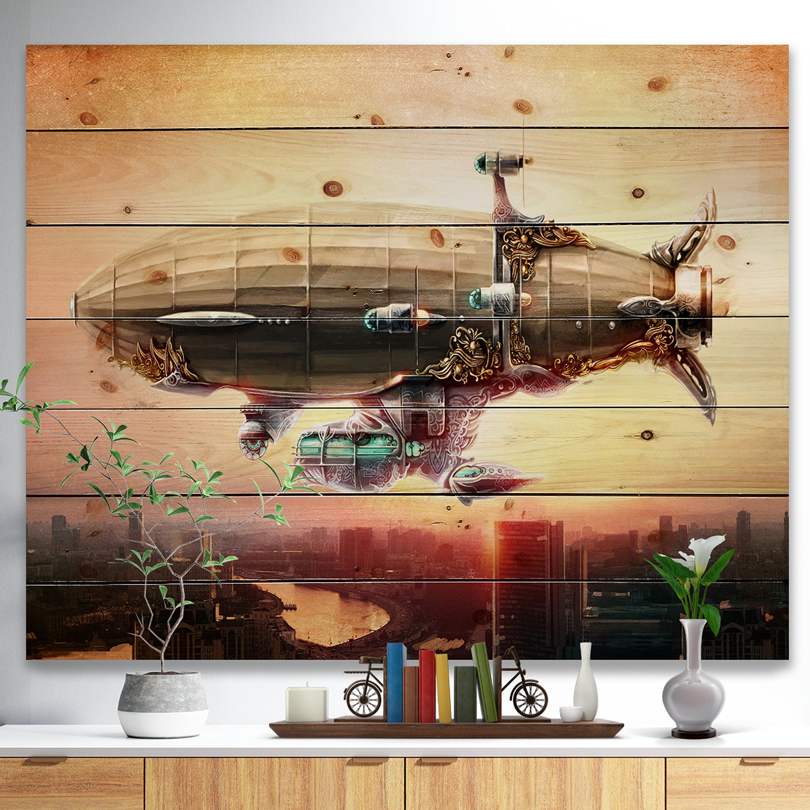 Dirigible Balloon in Sky over City - Abstract Print on Natural Pine Wood