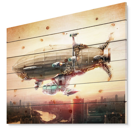 Dirigible Balloon in Sky over City - Abstract Print on Natural Pine Wood