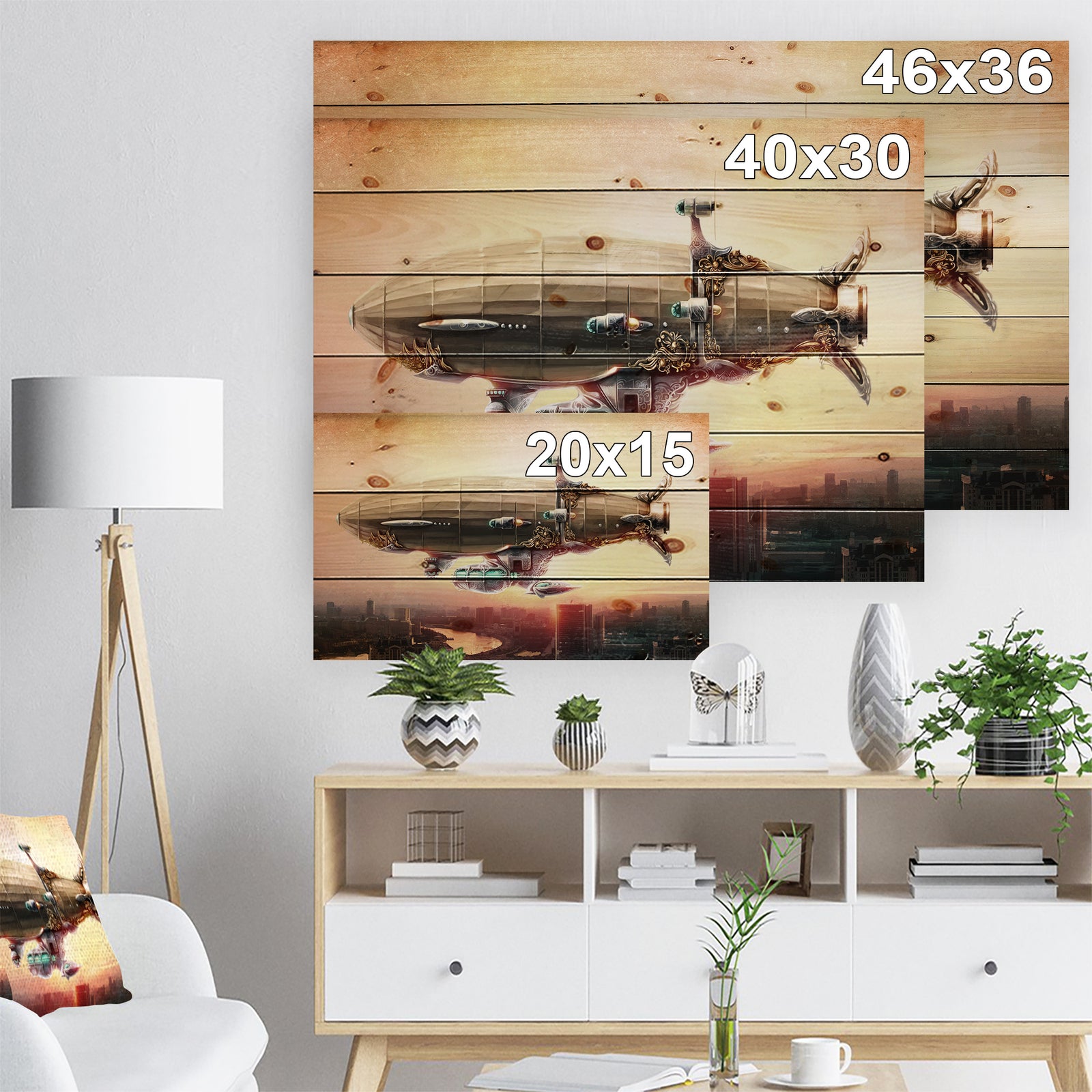 Dirigible Balloon in Sky over City - Abstract Print on Natural Pine Wood