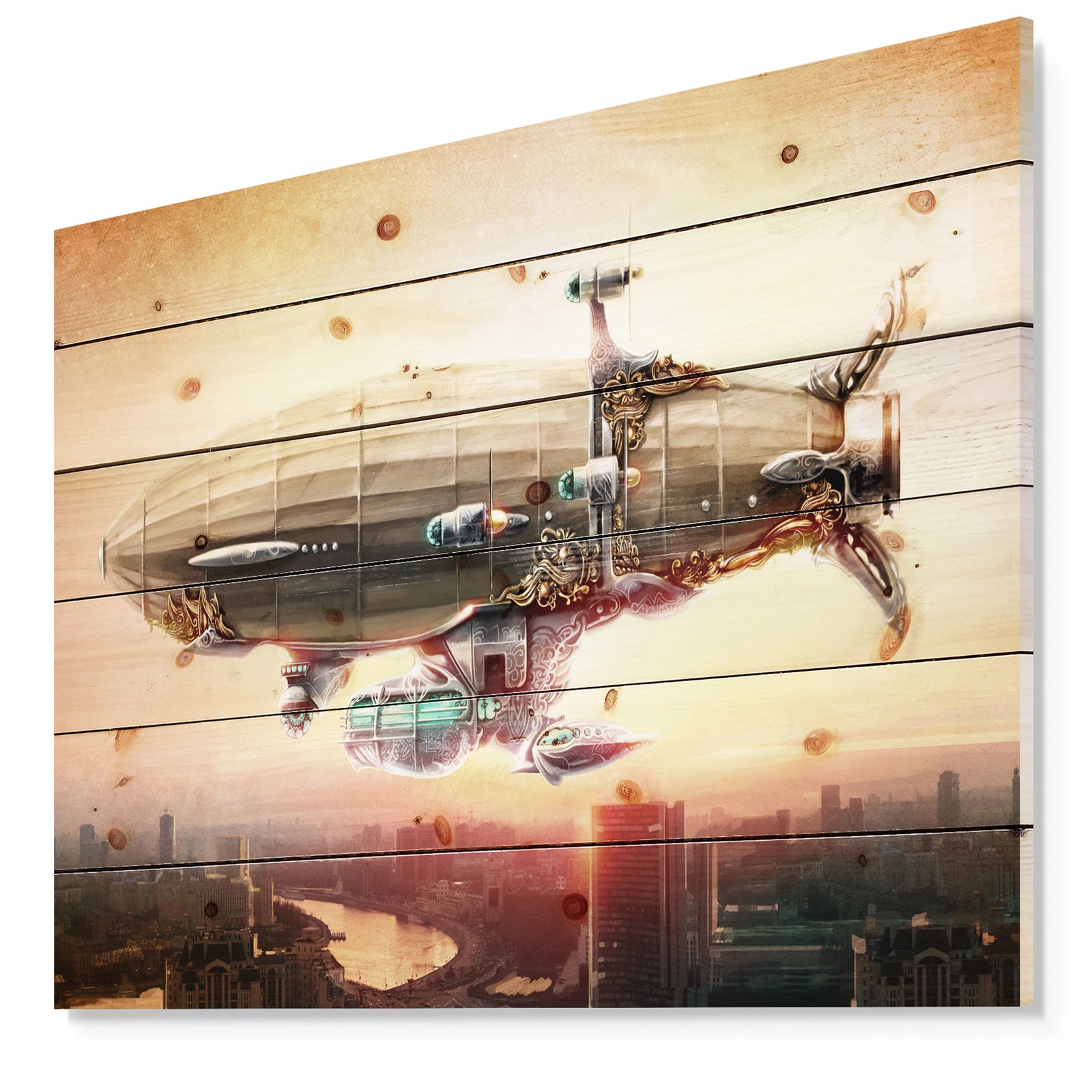 Dirigible Balloon in Sky over City - Abstract Print on Natural Pine Wood