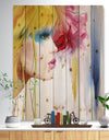 Girl with Colorful Hair - Fashion Print on Natural Pine Wood