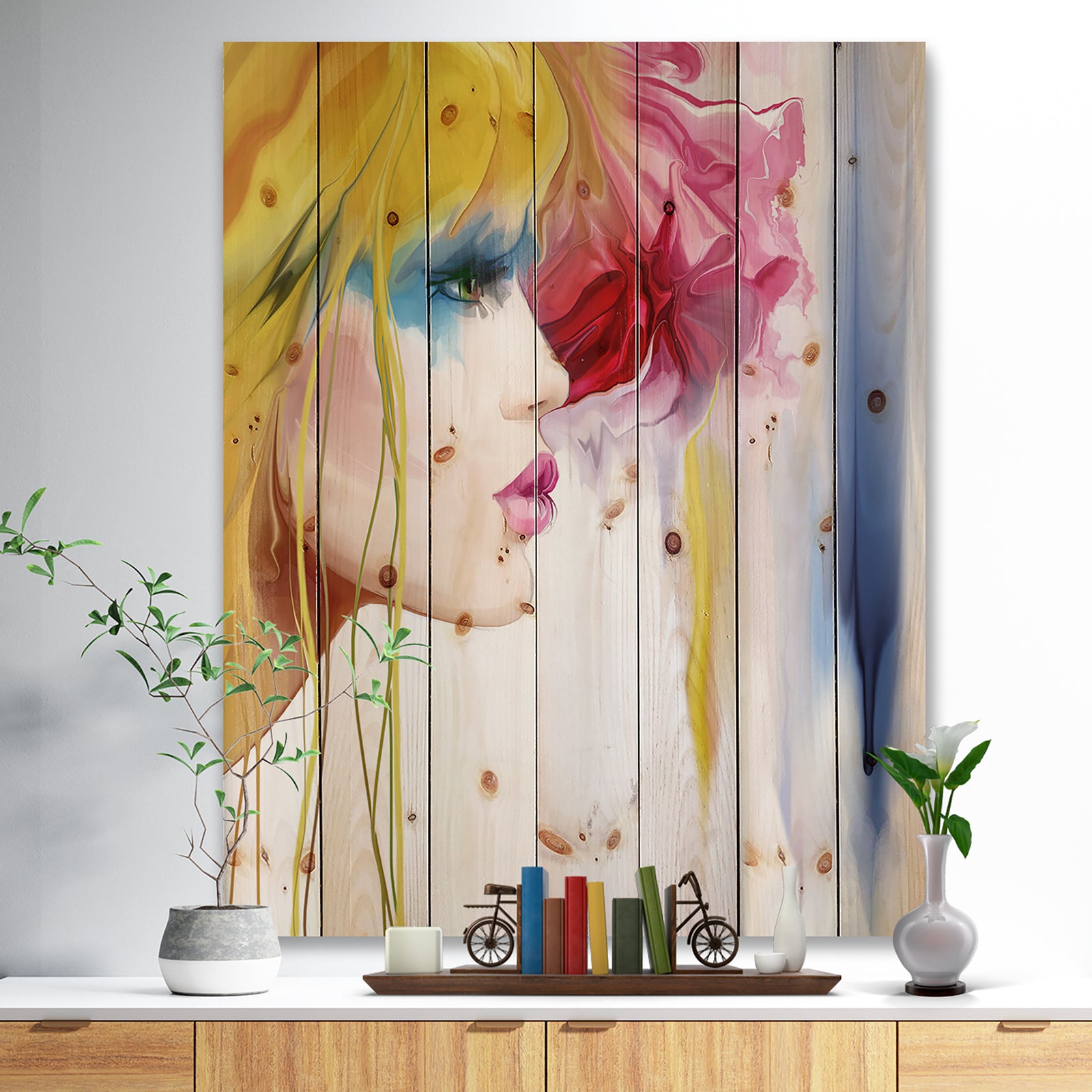 Girl with Colorful Hair - Fashion Print on Natural Pine Wood