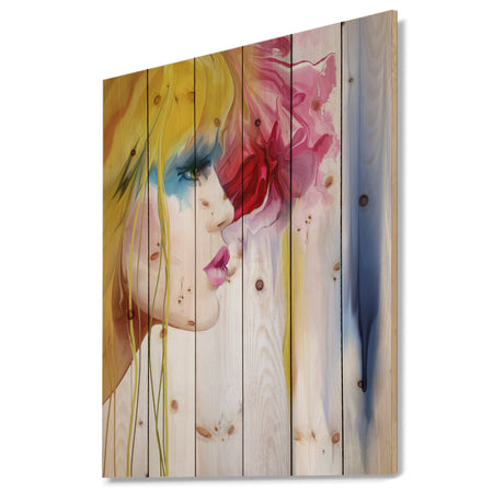 Girl with Colorful Hair - Fashion Print on Natural Pine Wood
