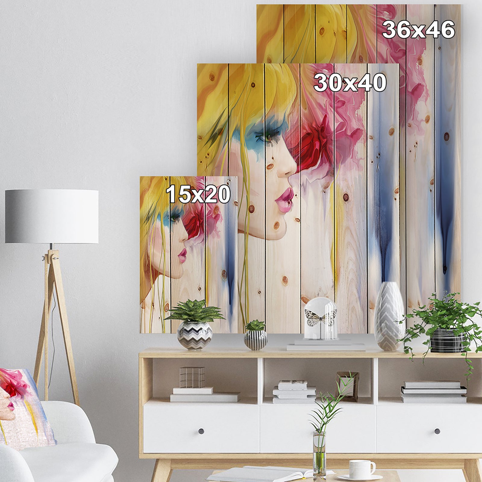 Girl with Colorful Hair - Fashion Print on Natural Pine Wood