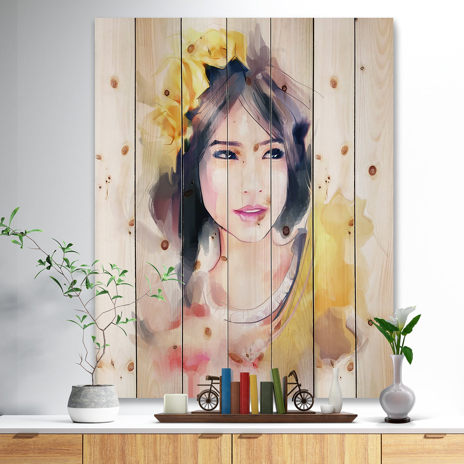 Portrait of Beautiful Girl - Fashion Print on Natural Pine Wood