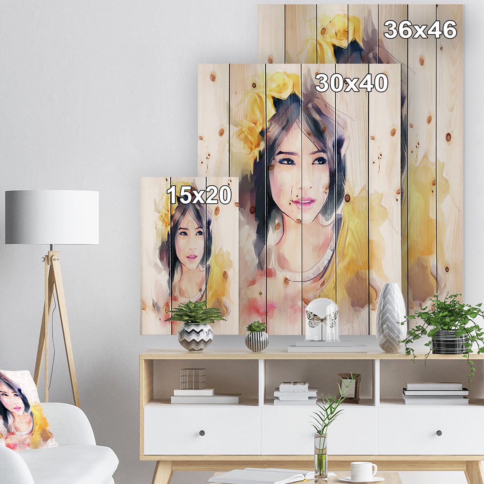 Portrait of Beautiful Girl - Fashion Print on Natural Pine Wood
