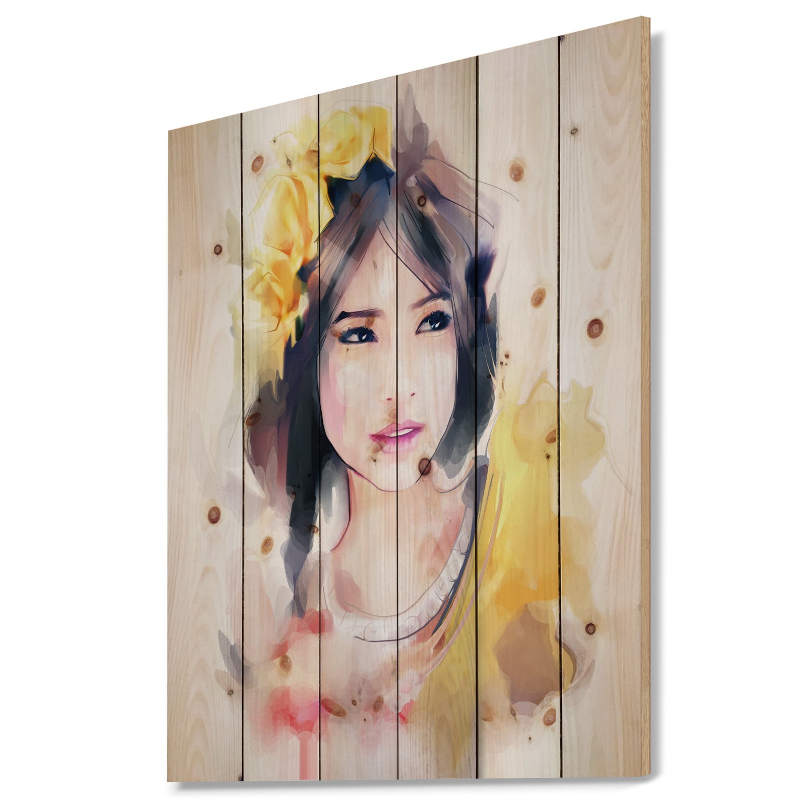 Portrait of Beautiful Girl - Fashion Print on Natural Pine Wood