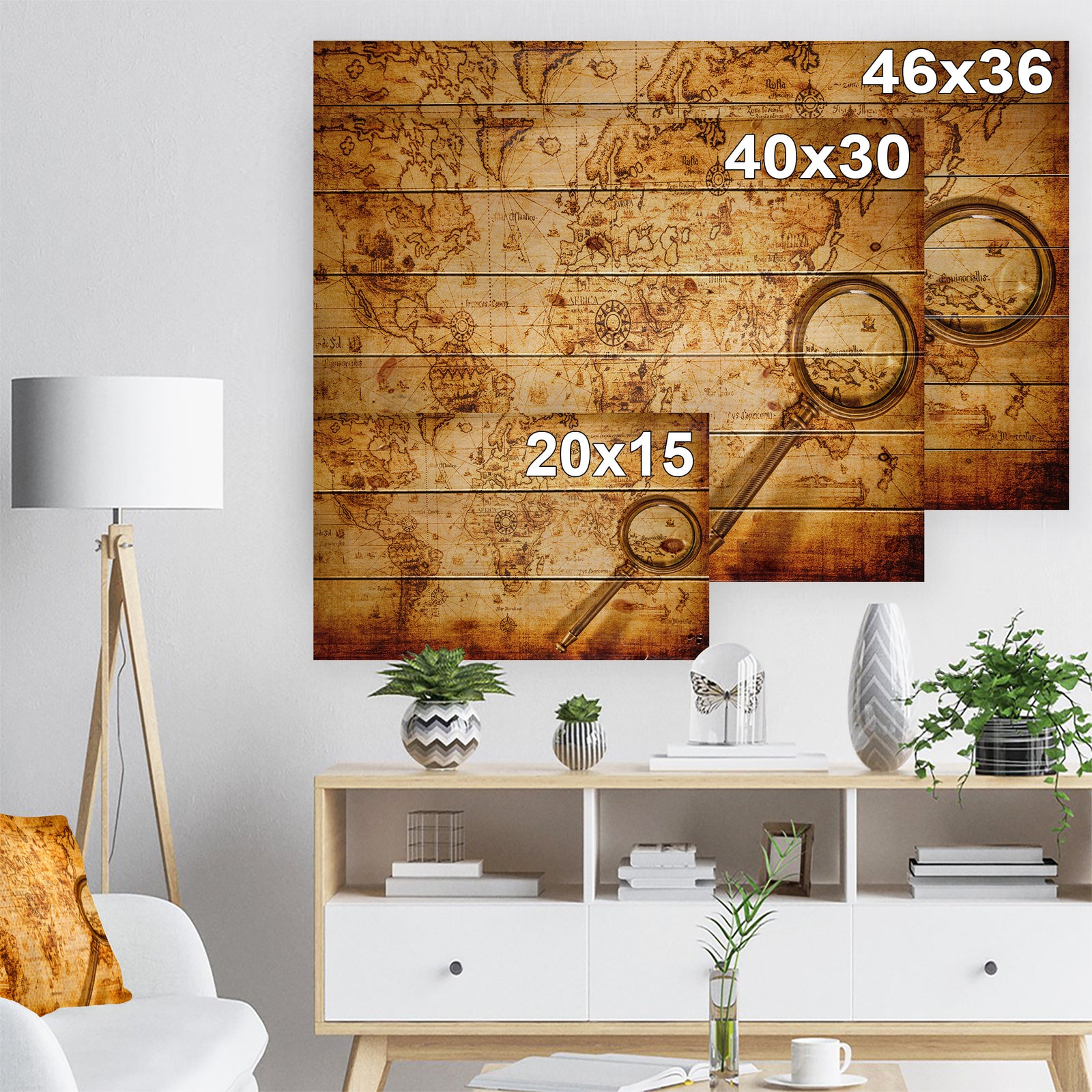 Vintage World Map - Vintage Print on Natural Pine Wood