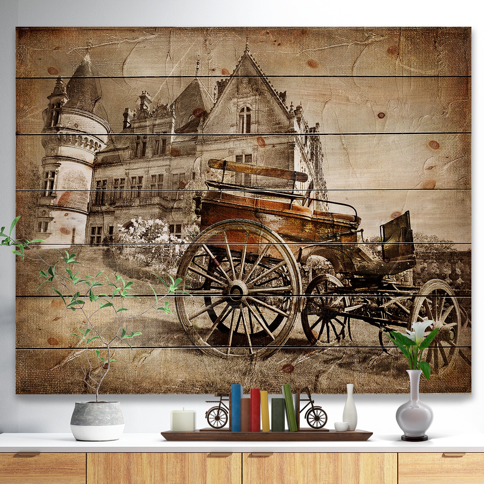 Medieval Castle with Carriage - Vintage Print on Natural Pine Wood