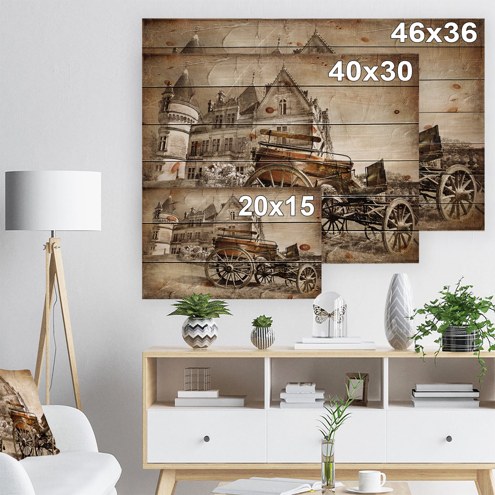 Medieval Castle with Carriage - Vintage Print on Natural Pine Wood