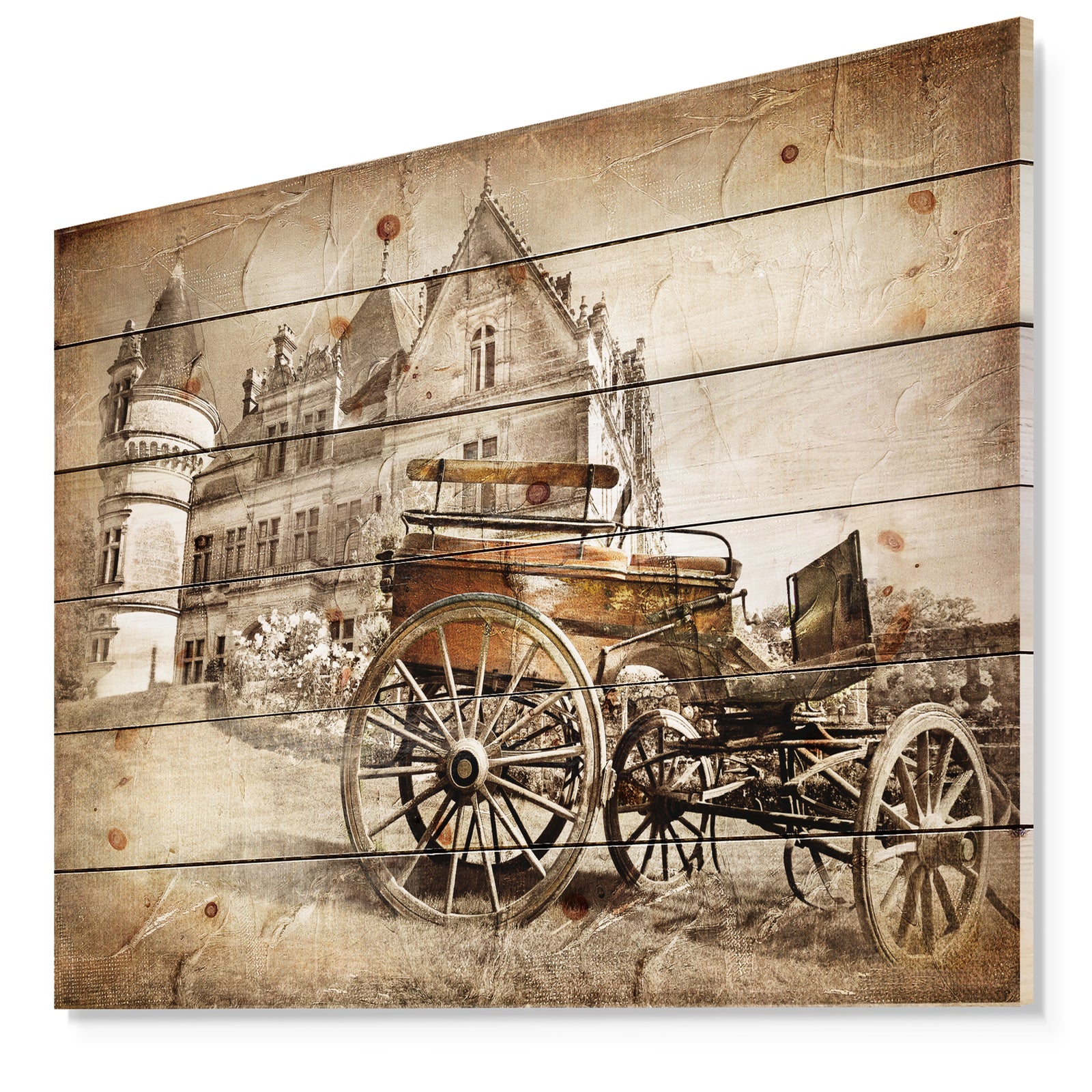Medieval Castle with Carriage - Vintage Print on Natural Pine Wood