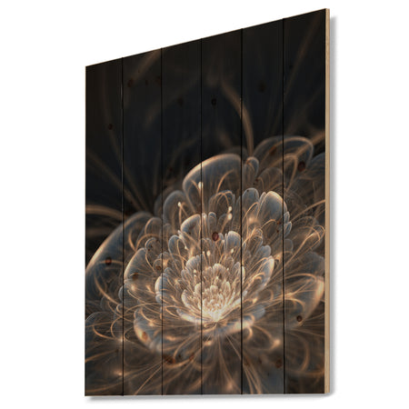 Fractal Flower with Golden Rays - Floral Art Print on Natural Pine Wood