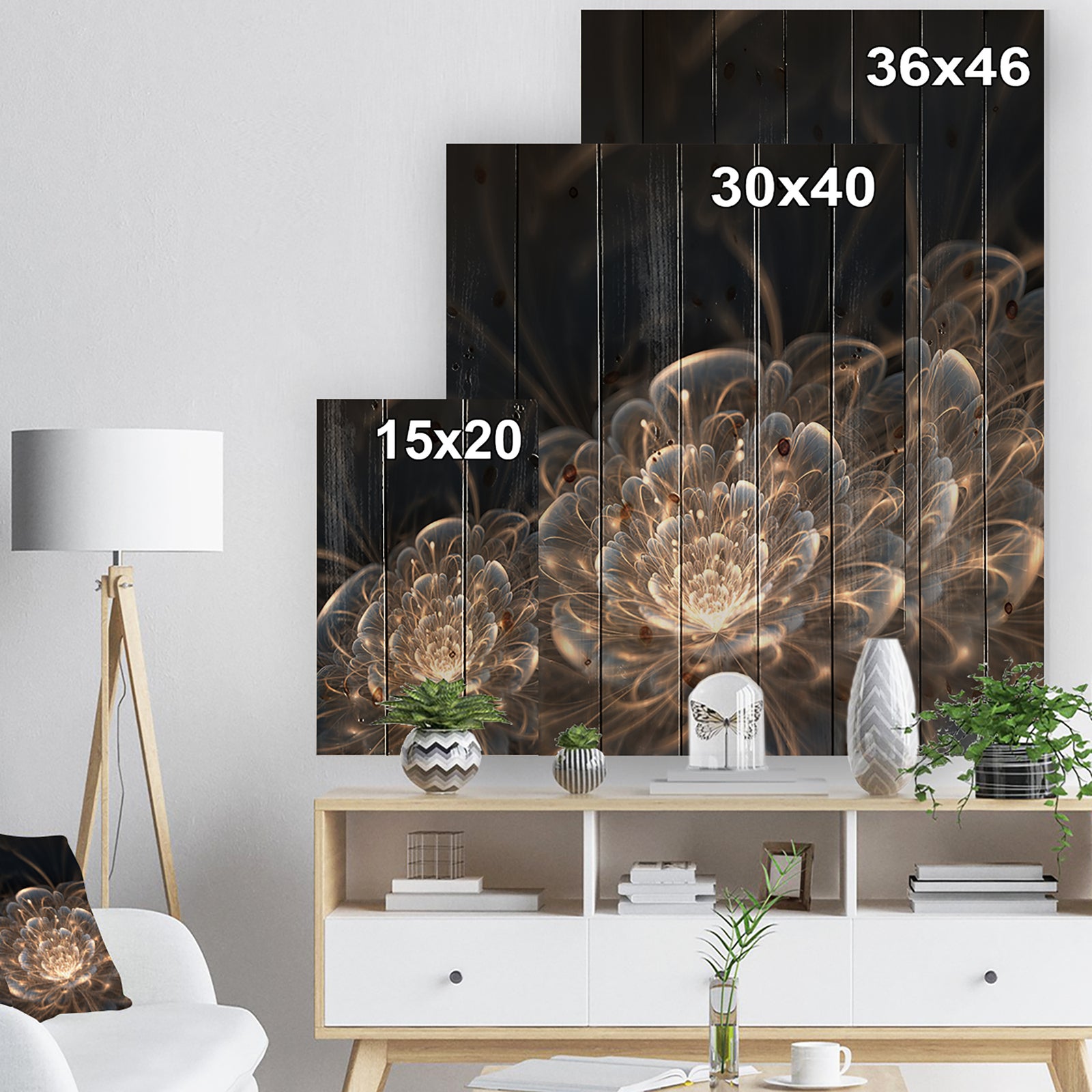 Fractal Flower with Golden Rays - Floral Art Print on Natural Pine Wood