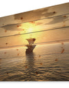 Ship and Sunset - Seascape Photography Print on Natural Pine Wood