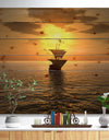 Ship and Sunset - Seascape Photography Print on Natural Pine Wood