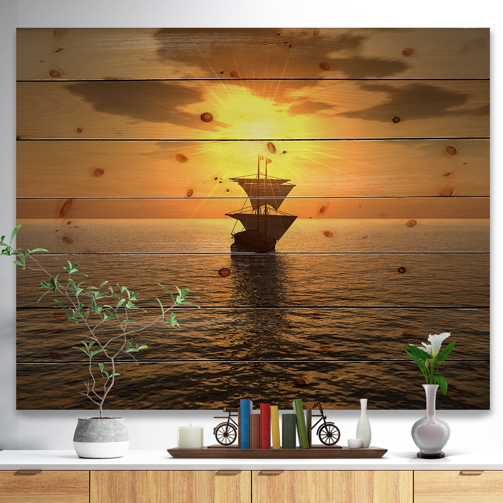 Ship and Sunset - Seascape Photography Print on Natural Pine Wood