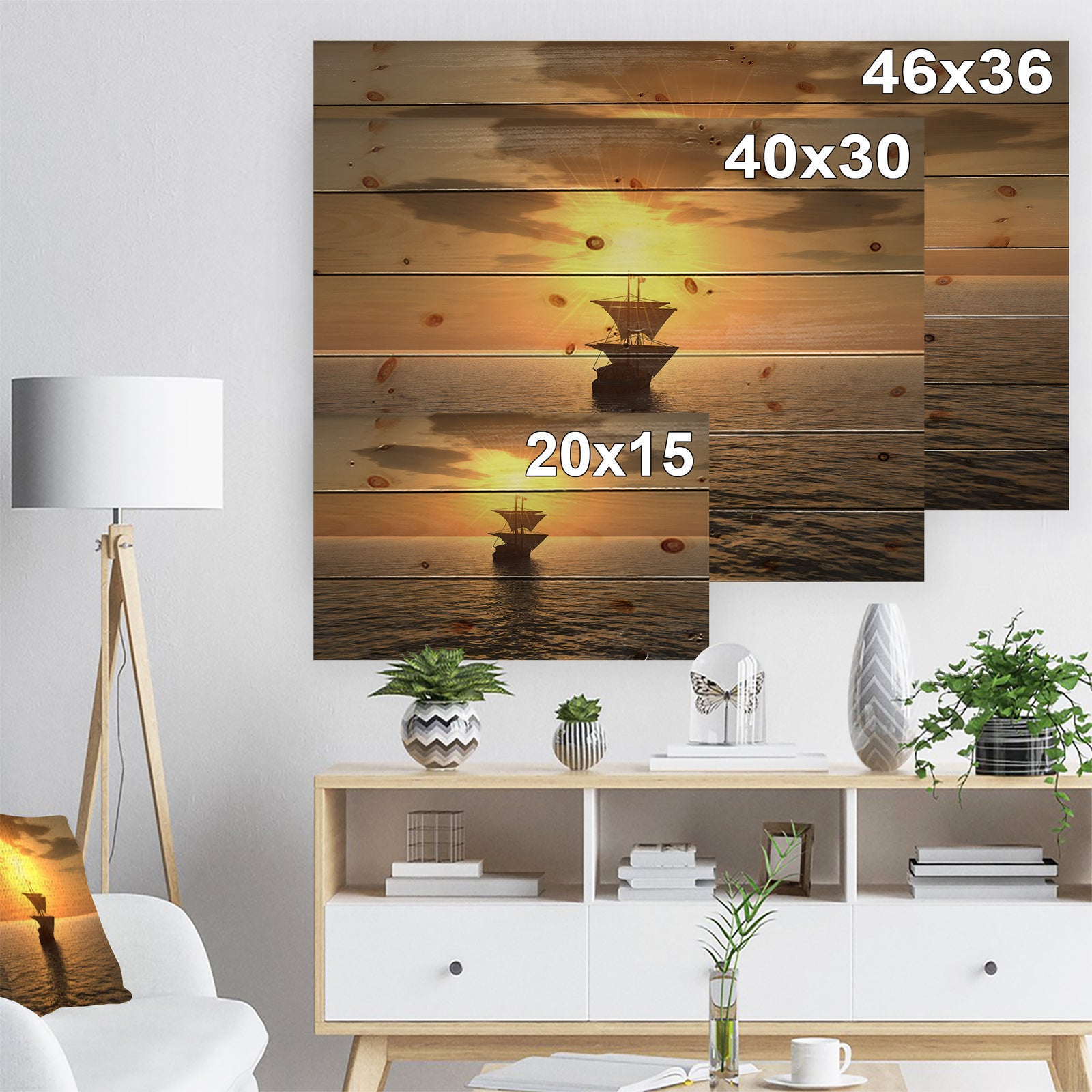 Ship and Sunset - Seascape Photography Print on Natural Pine Wood