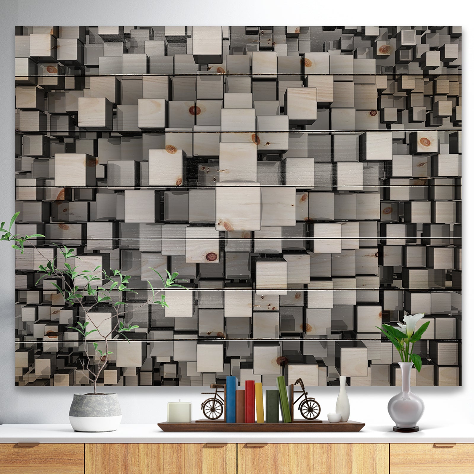 Black and Grey Cubes - Contemporary Print on Natural Pine Wood