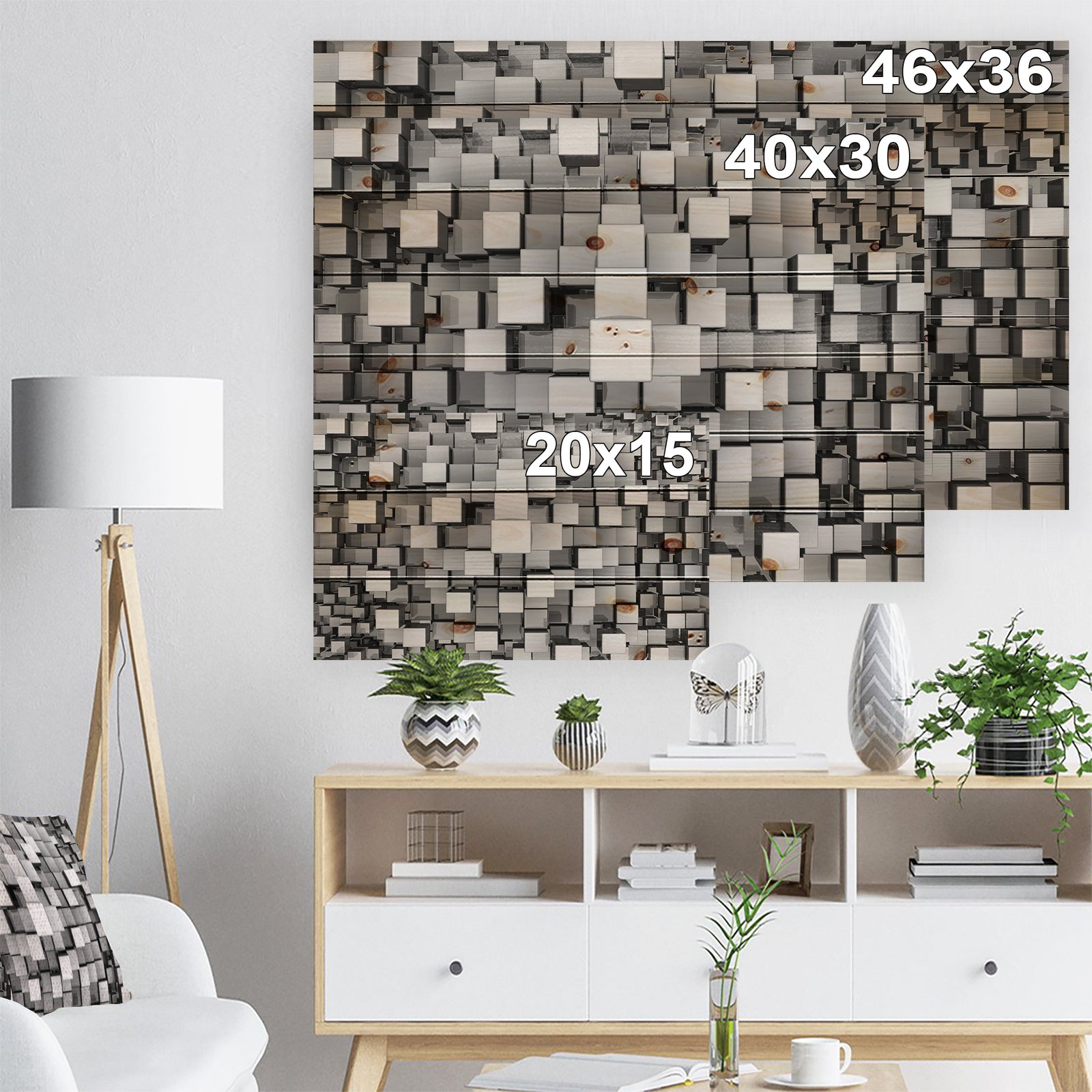 Black and Grey Cubes - Contemporary Print on Natural Pine Wood