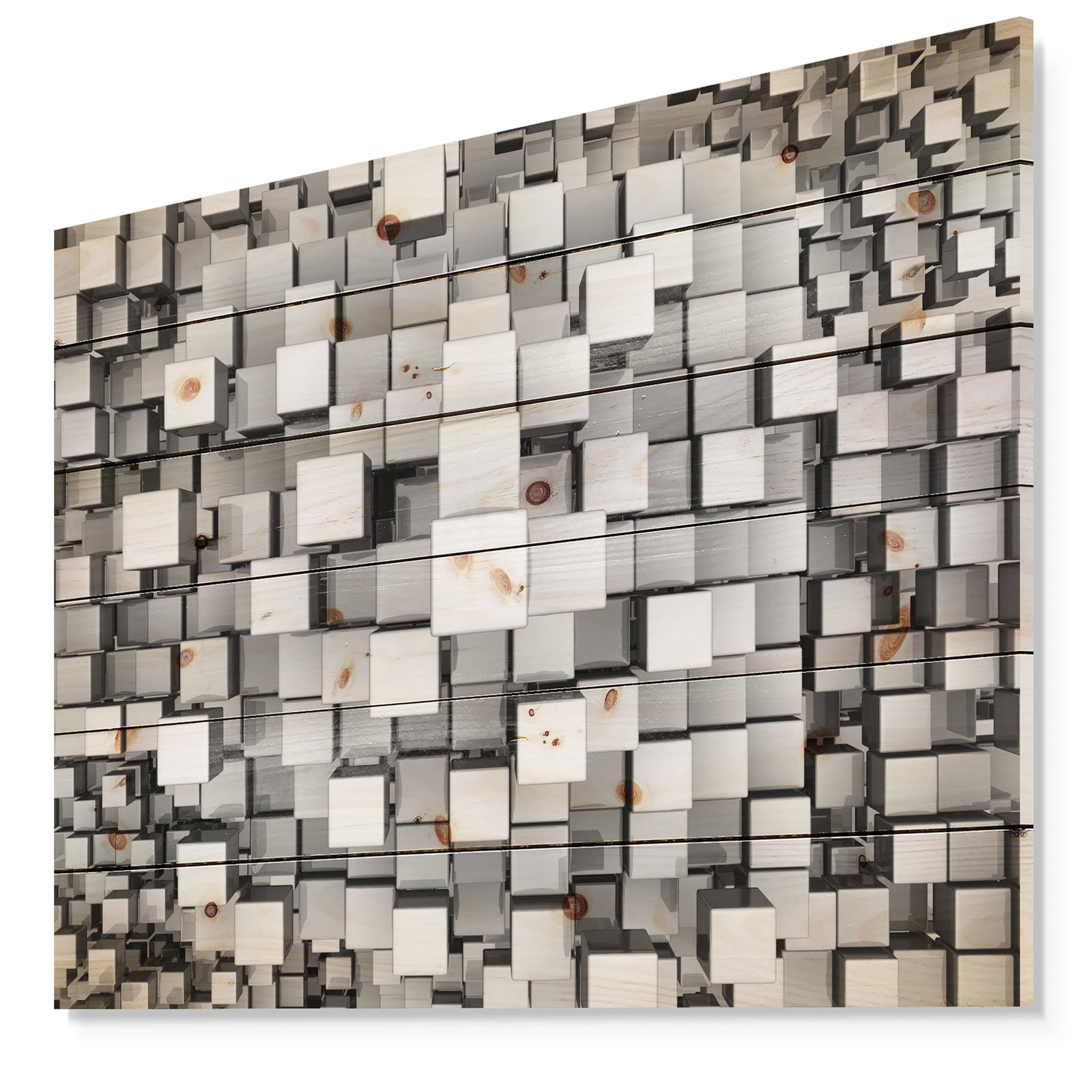 Black and Grey Cubes - Contemporary Print on Natural Pine Wood