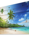 Sunset Beach with Palm - Landscape Photography Print on Natural Pine Wood