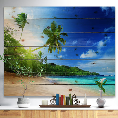 Sunset Beach with Palm - Landscape Photography Print on Natural Pine Wood